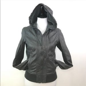 Leather bomber jacket with hoodie